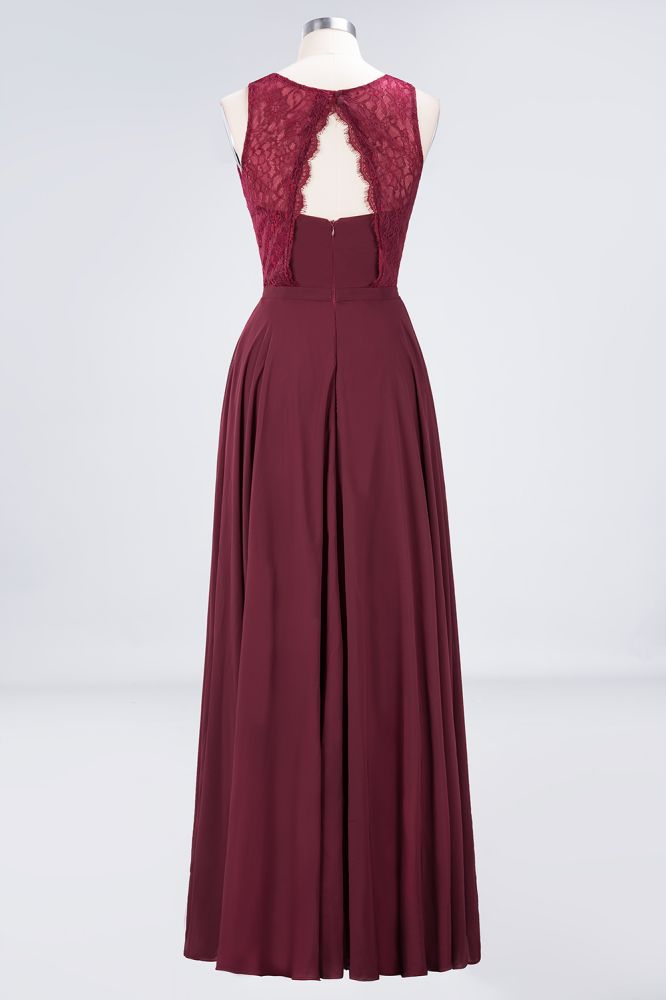 Vestido de noche de encaje floral con cuello redondo y largo hasta el suelo color burdeos para dama de honor