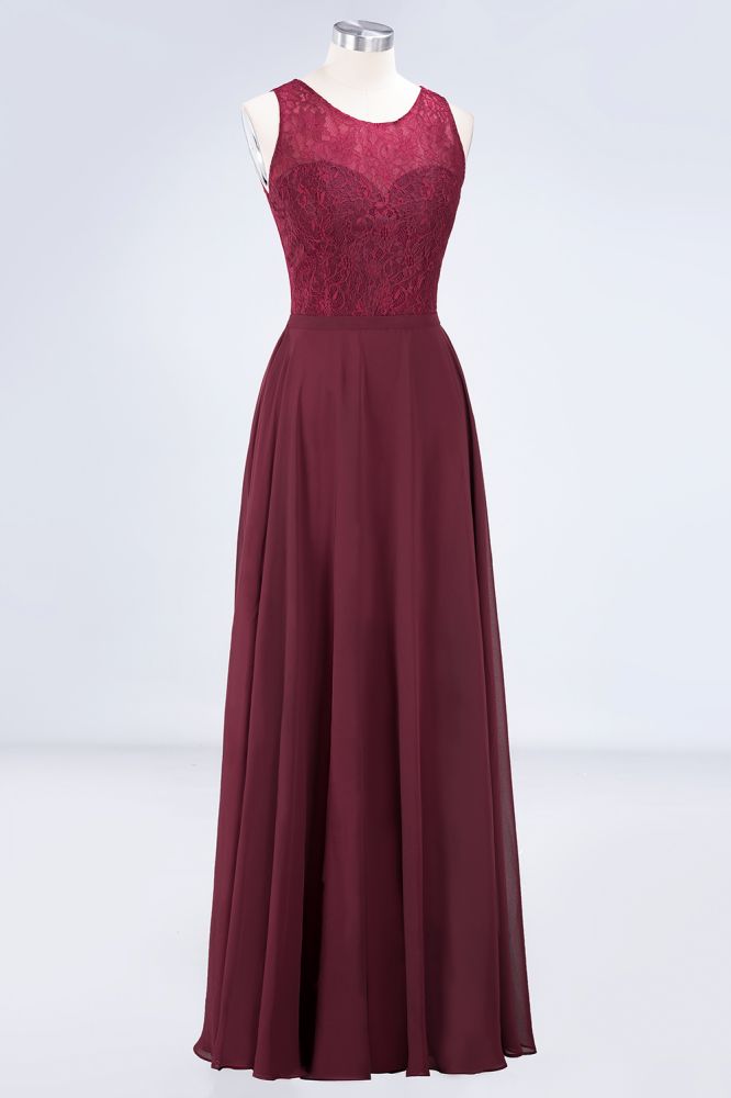 Vestido de noche de encaje floral con cuello redondo y largo hasta el suelo color burdeos para dama de honor