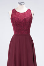Vestido de noche de encaje floral con cuello redondo y largo hasta el suelo color burdeos para dama de honor