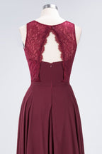 Vestido de noche de encaje floral con cuello redondo y largo hasta el suelo color burdeos para dama de honor