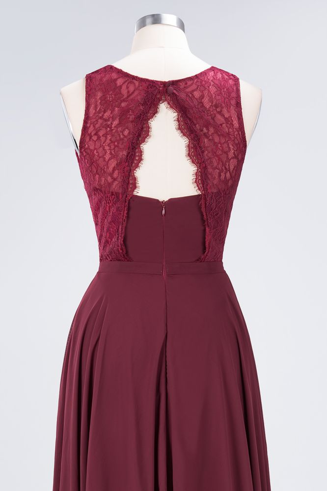 Vestido de noche de encaje floral con cuello redondo y largo hasta el suelo color burdeos para dama de honor