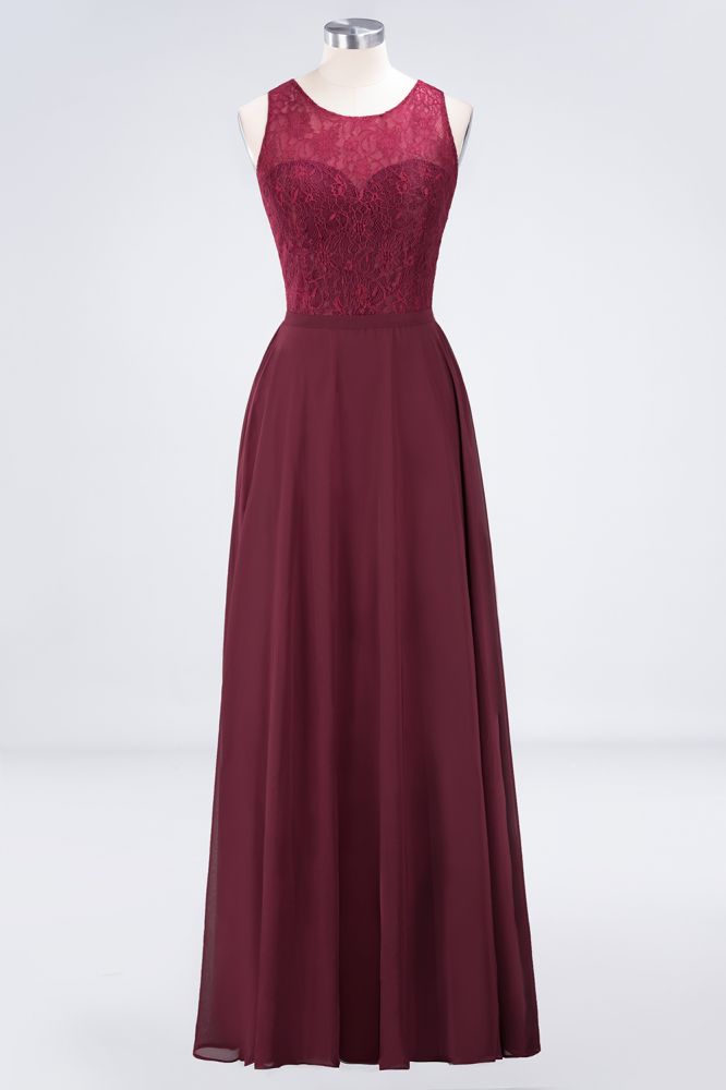 Vestido de noche de encaje floral con cuello redondo y largo hasta el suelo color burdeos para dama de honor