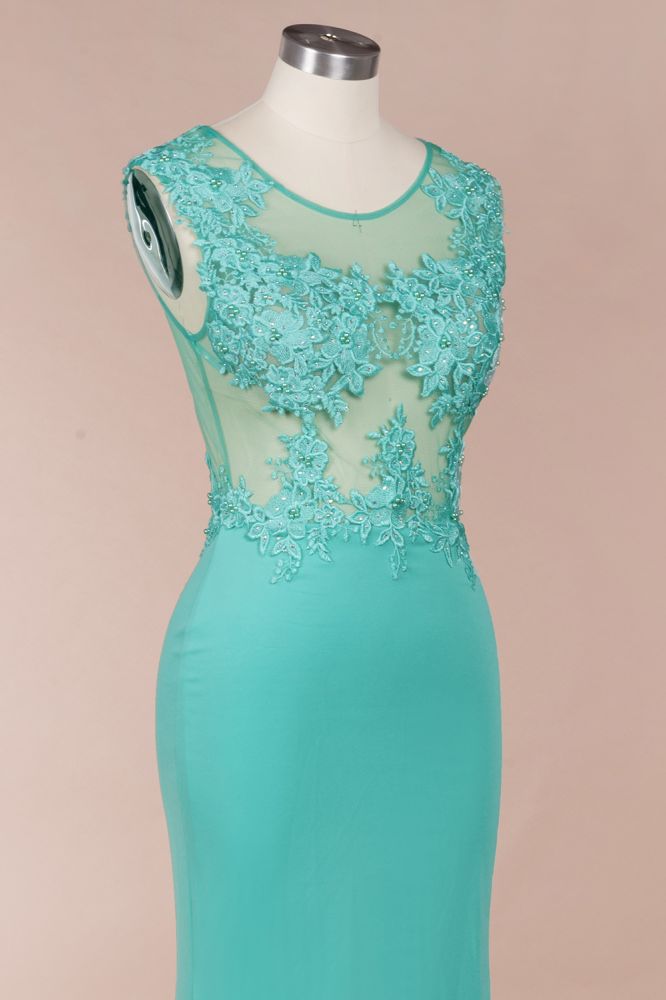 Vestido largo de noche de sirena de gasa con apliques de encaje y cuello redondo, vestido formal sin mangas