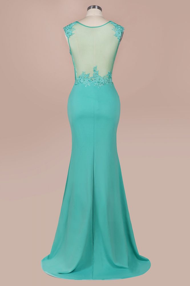 Vestido largo de noche de sirena de gasa con apliques de encaje y cuello redondo, vestido formal sin mangas