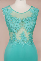 Vestido largo de noche de sirena de gasa con apliques de encaje y cuello redondo, vestido formal sin mangas