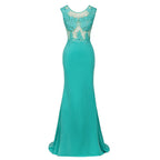 Vestido largo de noche de sirena de gasa con apliques de encaje y cuello redondo, vestido formal sin mangas