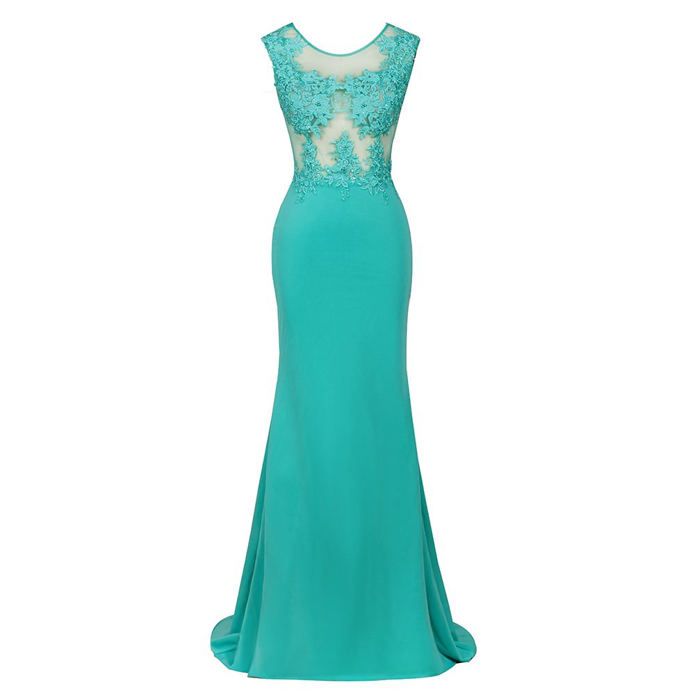 Vestido largo de noche de sirena de gasa con apliques de encaje y cuello redondo, vestido formal sin mangas