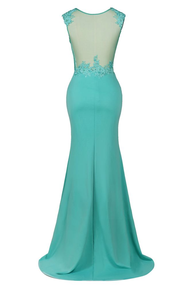 Vestido largo de noche de sirena de gasa con apliques de encaje y cuello redondo, vestido formal sin mangas