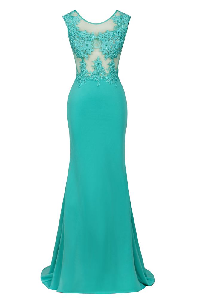 Vestido largo de noche de sirena de gasa con apliques de encaje y cuello redondo, vestido formal sin mangas