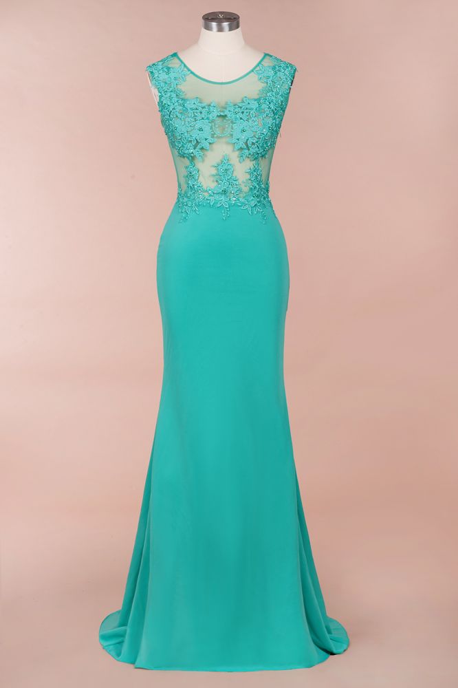 Vestido largo de noche de sirena de gasa con apliques de encaje y cuello redondo, vestido formal sin mangas