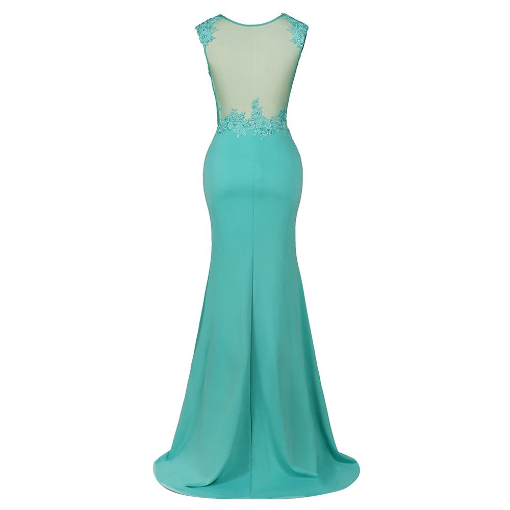 Vestido largo de noche de sirena de gasa con apliques de encaje y cuello redondo, vestido formal sin mangas