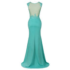 Vestido largo de noche de sirena de gasa con apliques de encaje y cuello redondo, vestido formal sin mangas