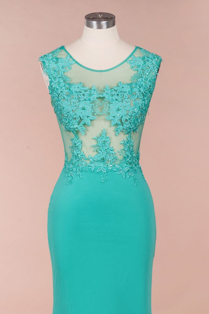 Vestido largo de noche de sirena de gasa con apliques de encaje y cuello redondo, vestido formal sin mangas