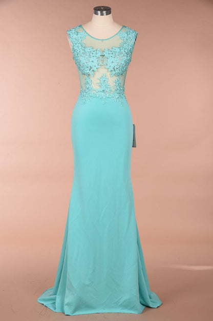 Vestido largo de noche de sirena de gasa con apliques de encaje y cuello redondo, vestido formal sin mangas