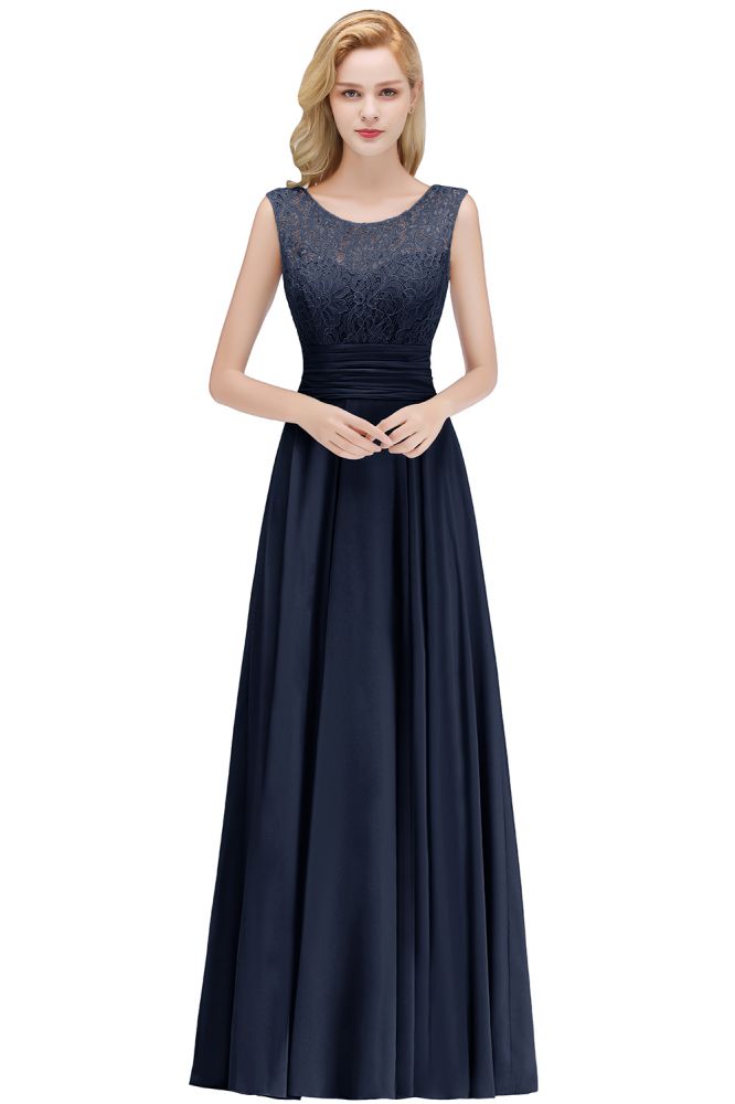 Vestido de dama de honor de gasa sin mangas con cuello redondo y encaje en la parte superior.
