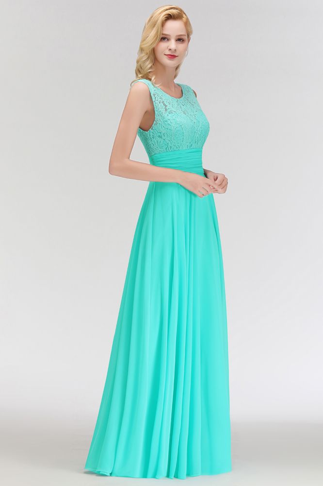 Vestido de dama de honor de gasa sin mangas con cuello redondo y encaje en la parte superior.