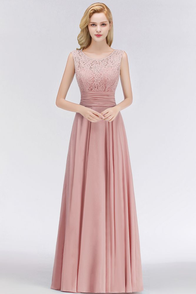Vestido de dama de honor de gasa sin mangas con cuello redondo y encaje en la parte superior.