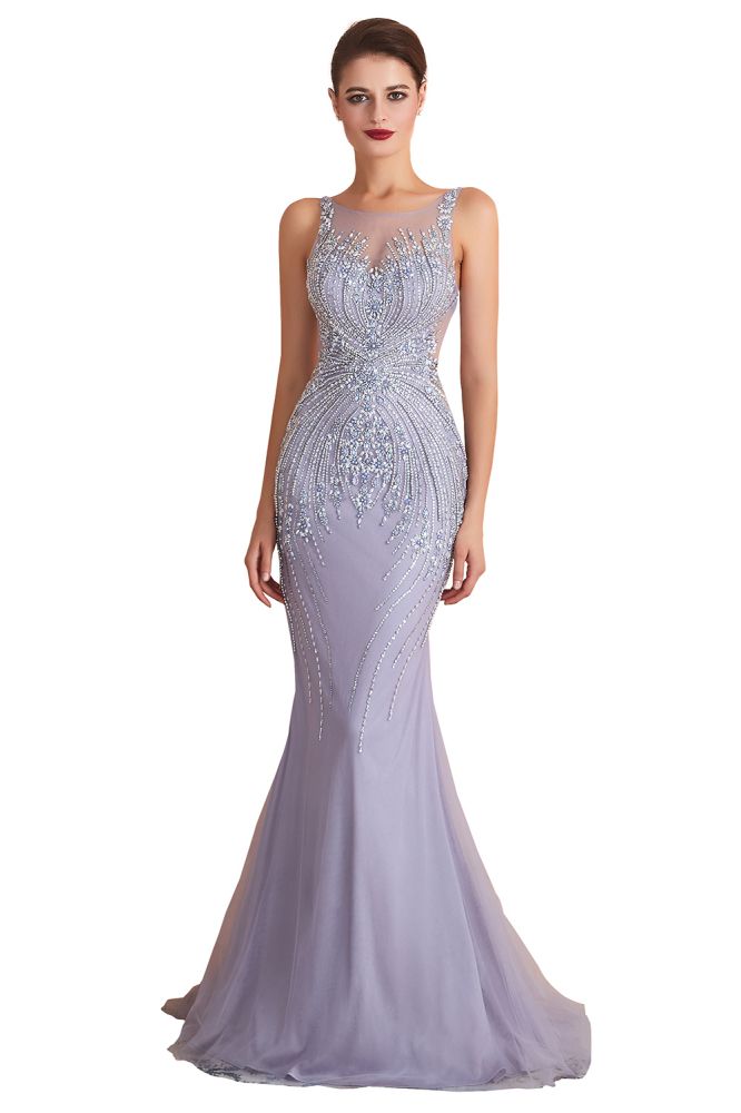 Vestido de fiesta de sirena con cuello redondo, sin mangas y cuentas, vestido de noche largo