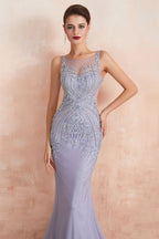 Vestido de fiesta de sirena con cuello redondo, sin mangas y cuentas, vestido de noche largo
