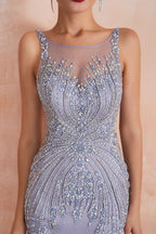 Vestido de fiesta de sirena con cuello redondo, sin mangas y cuentas, vestido de noche largo
