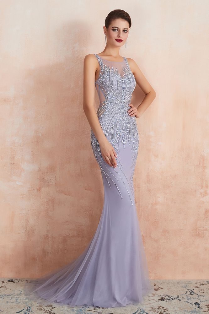 Vestido de fiesta de sirena con cuello redondo, sin mangas y cuentas, vestido de noche largo