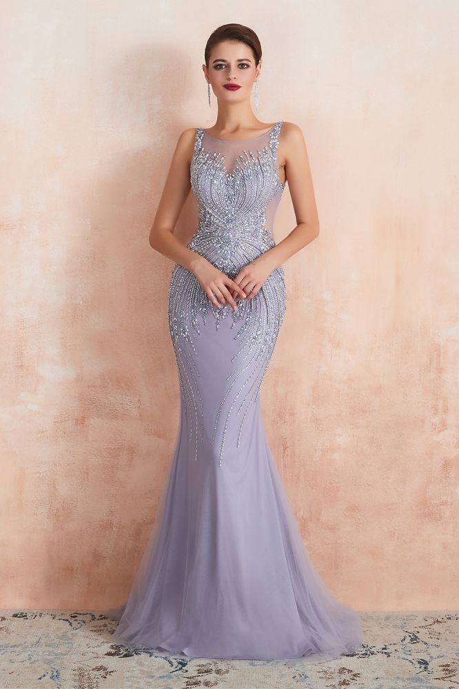 Vestido de fiesta de sirena con cuello redondo, sin mangas y cuentas, vestido de noche largo