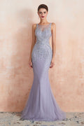 Vestido de fiesta de sirena con cuello redondo, sin mangas y cuentas, vestido de noche largo