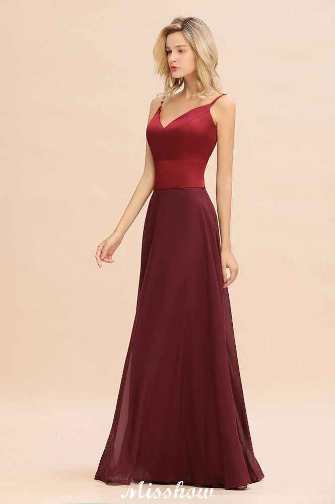 Vestido de noche de satén burdeos con espalda cruzada y largo hasta el suelo para dama de honor