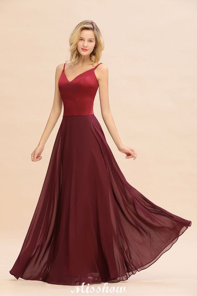 Vestido de noche de satén burdeos con espalda cruzada y largo hasta el suelo para dama de honor