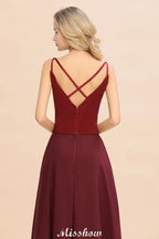 Vestido de noche de satén burdeos con espalda cruzada y largo hasta el suelo para dama de honor