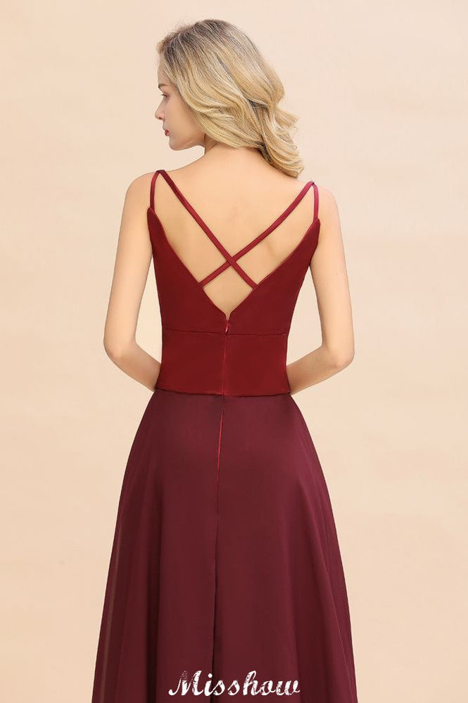 Vestido de noche de satén burdeos con espalda cruzada y largo hasta el suelo para dama de honor