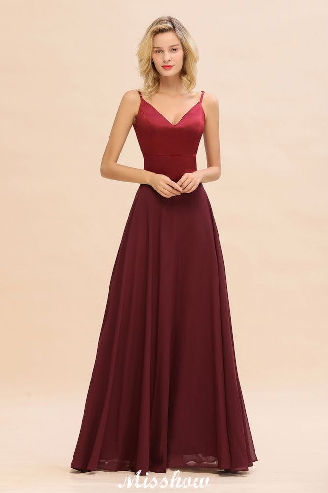 Vestido de noche de satén burdeos con espalda cruzada y largo hasta el suelo para dama de honor
