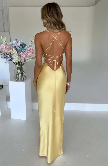 Satin Maxi Dress Cross Over Straps with A Self Tie Fastening SYP178