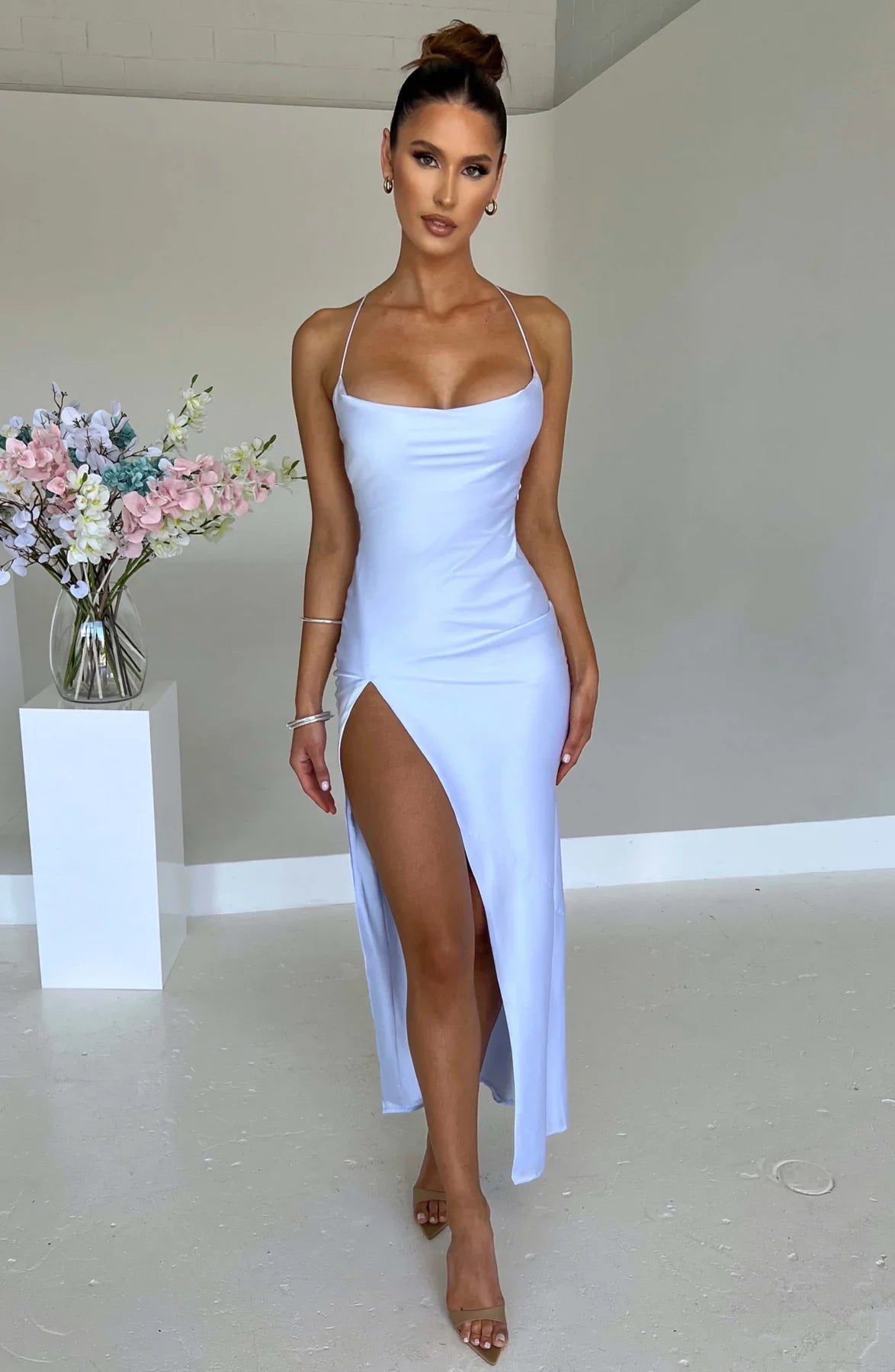 Satin Maxi Dress Cross Over Straps with A Self Tie Fastening SYP178