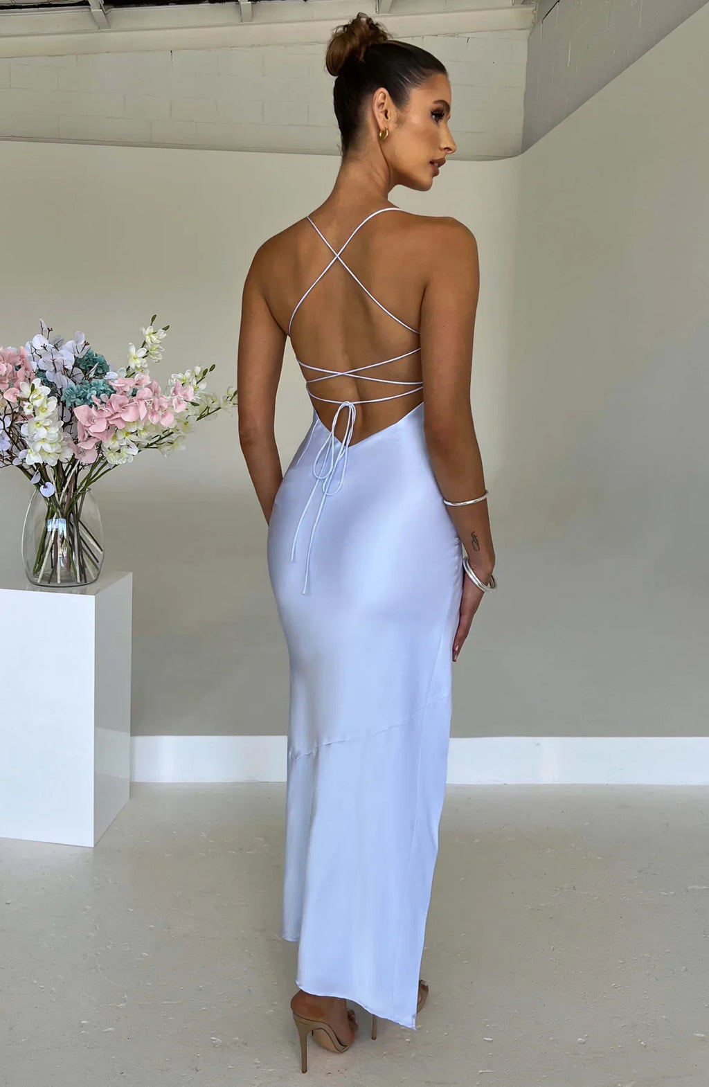 Satin Maxi Dress Cross Over Straps with A Self Tie Fastening SYP178