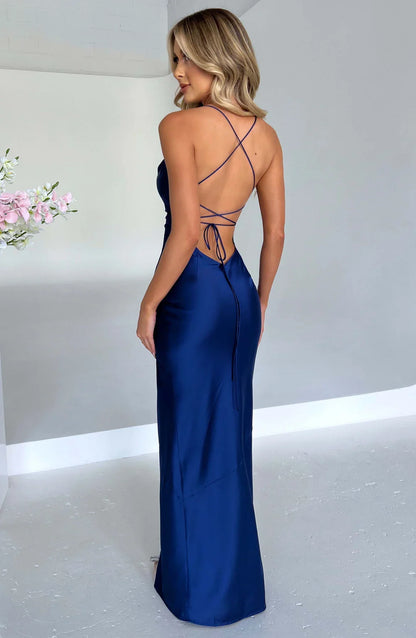Satin Maxi Dress Cross Over Straps with A Self Tie Fastening SYP178
