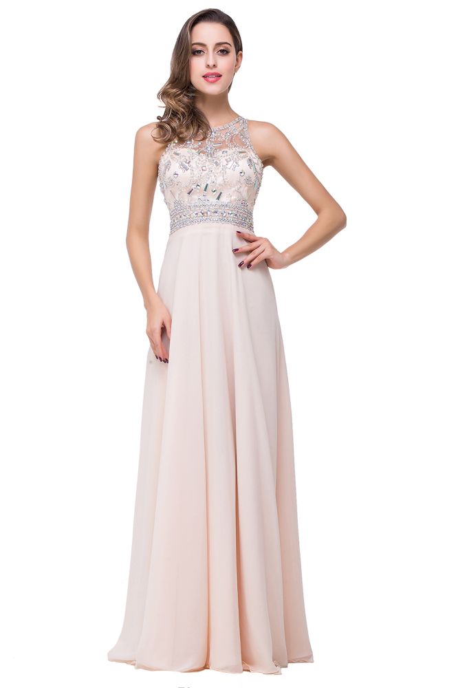 Vestido de fiesta de gasa con cristales y joya en forma de A