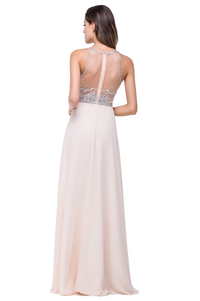 Vestido de fiesta de gasa con cristales y joya en forma de A