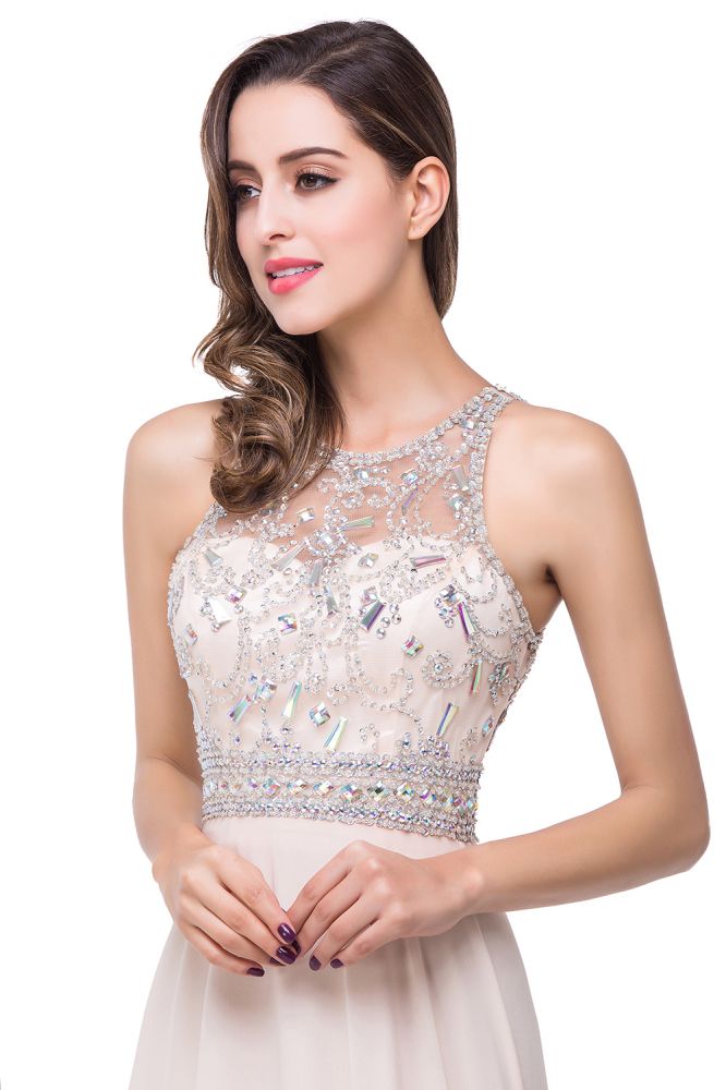 Vestido de fiesta de gasa con cristales y joya en forma de A