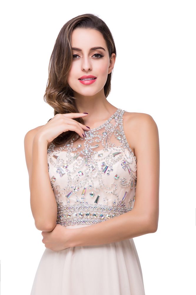 Vestido de fiesta de gasa con cristales y joya en forma de A