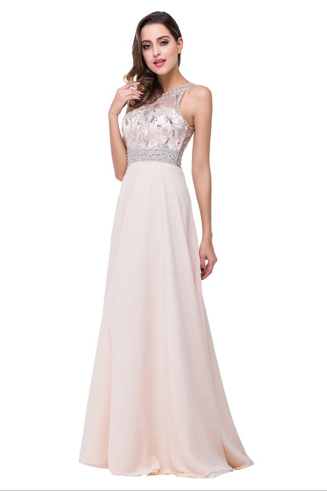 Vestido de fiesta de gasa con cristales y joya en forma de A