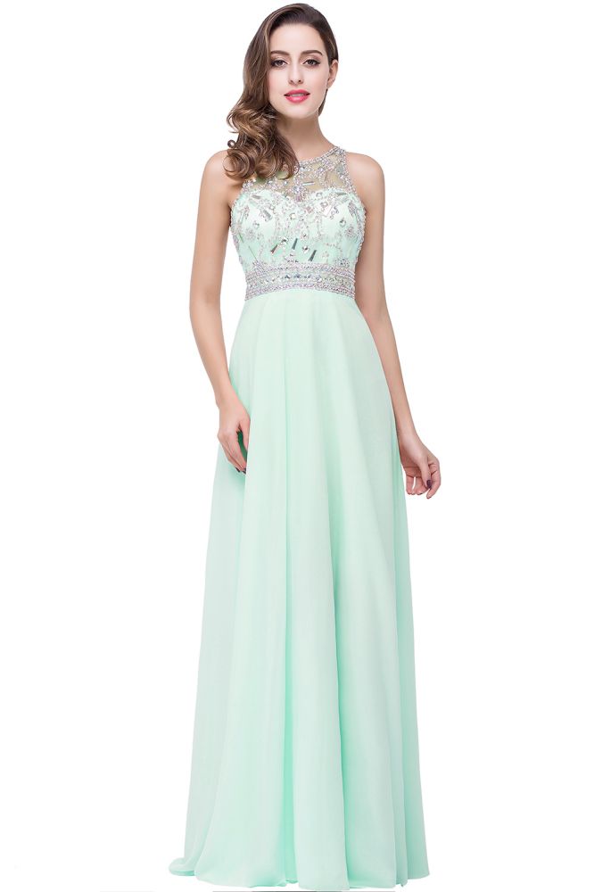 Vestido de fiesta de gasa con cristales y joya en forma de A