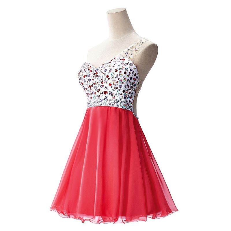 Vestido de fiesta de gasa con un solo hombro y corte en A con cristales