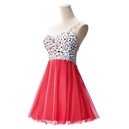 Vestido de fiesta de gasa con un solo hombro y corte en A con cristales