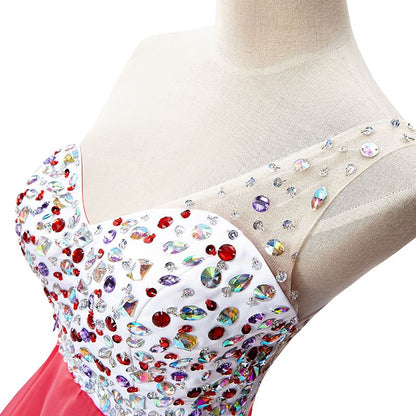 Vestido de fiesta de gasa con un solo hombro y corte en A con cristales