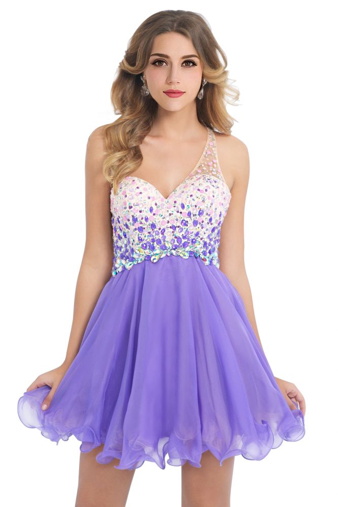 Vestido de fiesta de gasa con un solo hombro y corte en A con cristales