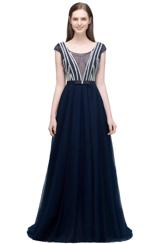 Vestidos de fiesta de tul con cuentas de cristal, corte A, largo hasta el suelo, mangas casquillo y faja