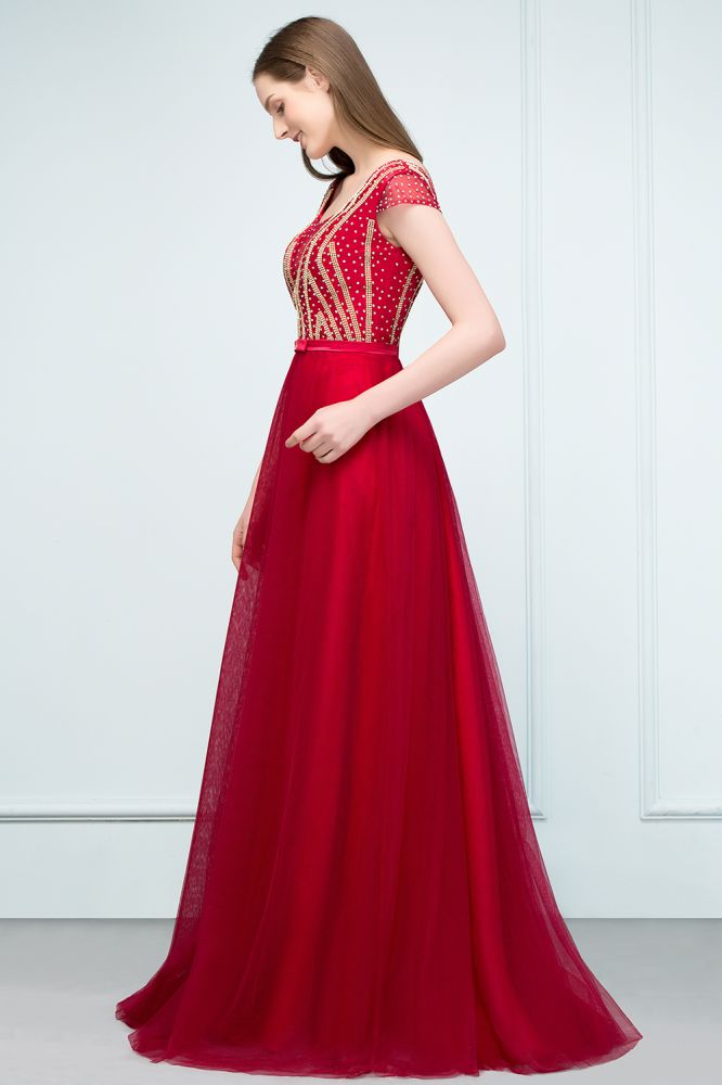Vestidos de fiesta de tul con cuentas de cristal, corte A, largo hasta el suelo, mangas casquillo y faja