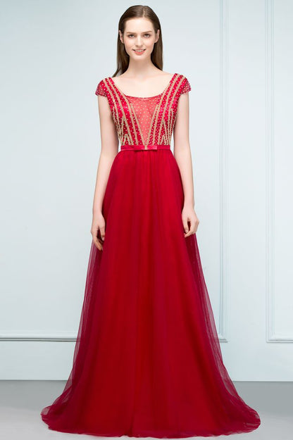 Vestidos de fiesta de tul con cuentas de cristal, corte A, largo hasta el suelo, mangas casquillo y faja