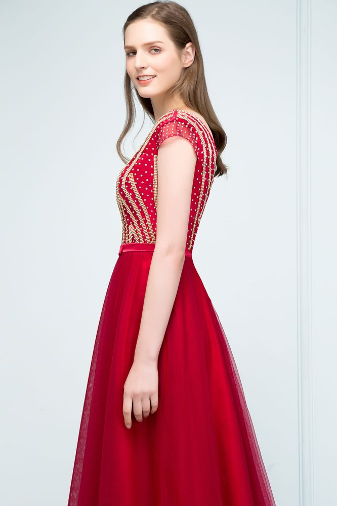 Vestidos de fiesta de tul con cuentas de cristal, corte A, largo hasta el suelo, mangas casquillo y faja